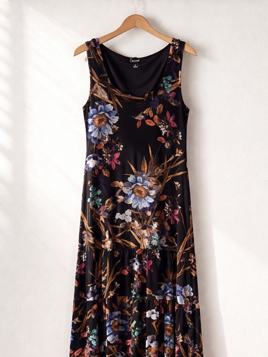 connected apparel Dresses & Skirts - connected apparel Black Floral Sleeveless Maxi Dress with Blue and Teal Accents